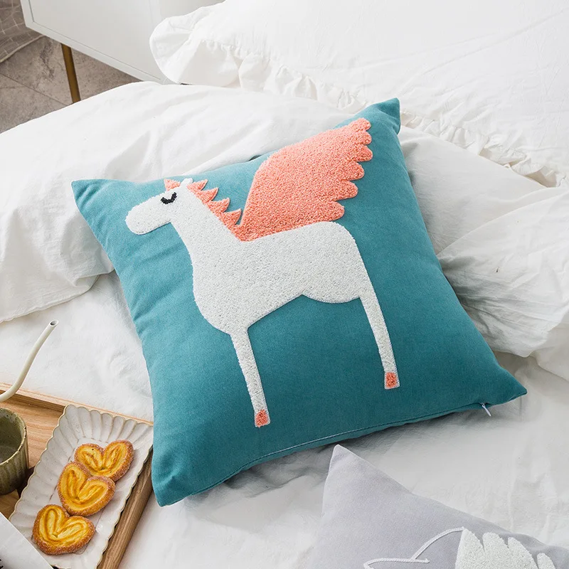 

Home Decor Cute Animal Embroidered Throw Cushion Cover Rabbit Horse Square Pillow Case For Sofa LIving Room Fluffy Pillows Cover