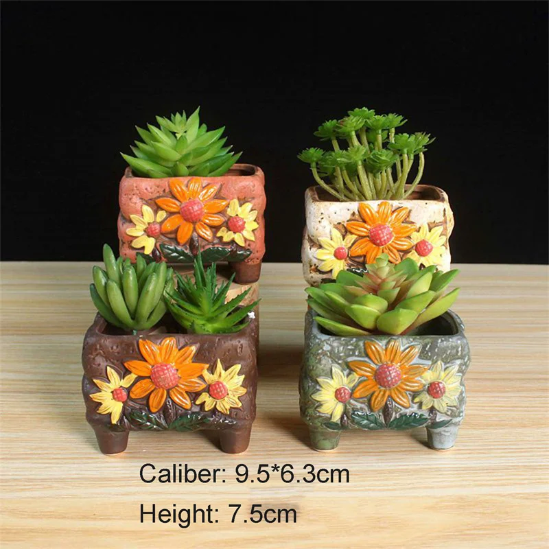 

Pastoral Home Decoration Succulent Rectangular Flower Pot With Feet Hand-painted Fresh Plant Ceramic Flowerpot Bonsai Planter