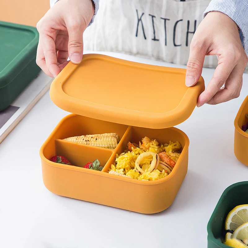 พร้อมฝาปิด Kotak Makan Silikon สดกล่อง Bento ผลไม้สลัดสดชามแบบพกพาปิดผนึกสี่เหลี่ยมผืนผ้า Picnic Lunchbox