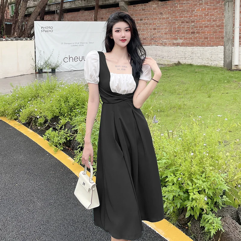 

Женское винтажное платье во французском стиле, летнее платье с короткими рукавами-фонариками, квадратным вырезом и высокой талией, 2022