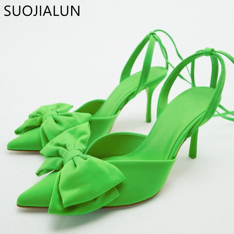 SUOJIALUN 2022 Autumn New Women Slingback Shoes Thin High Heel Shallow Slip On Ladies Mules Shoes Female Outdoor Dress Sandals