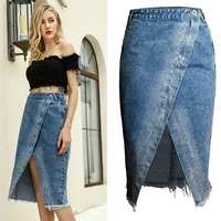 2021 women summer irregular tassel denim skirts new europe america all match high street split overlapping blue jeans jupe femme