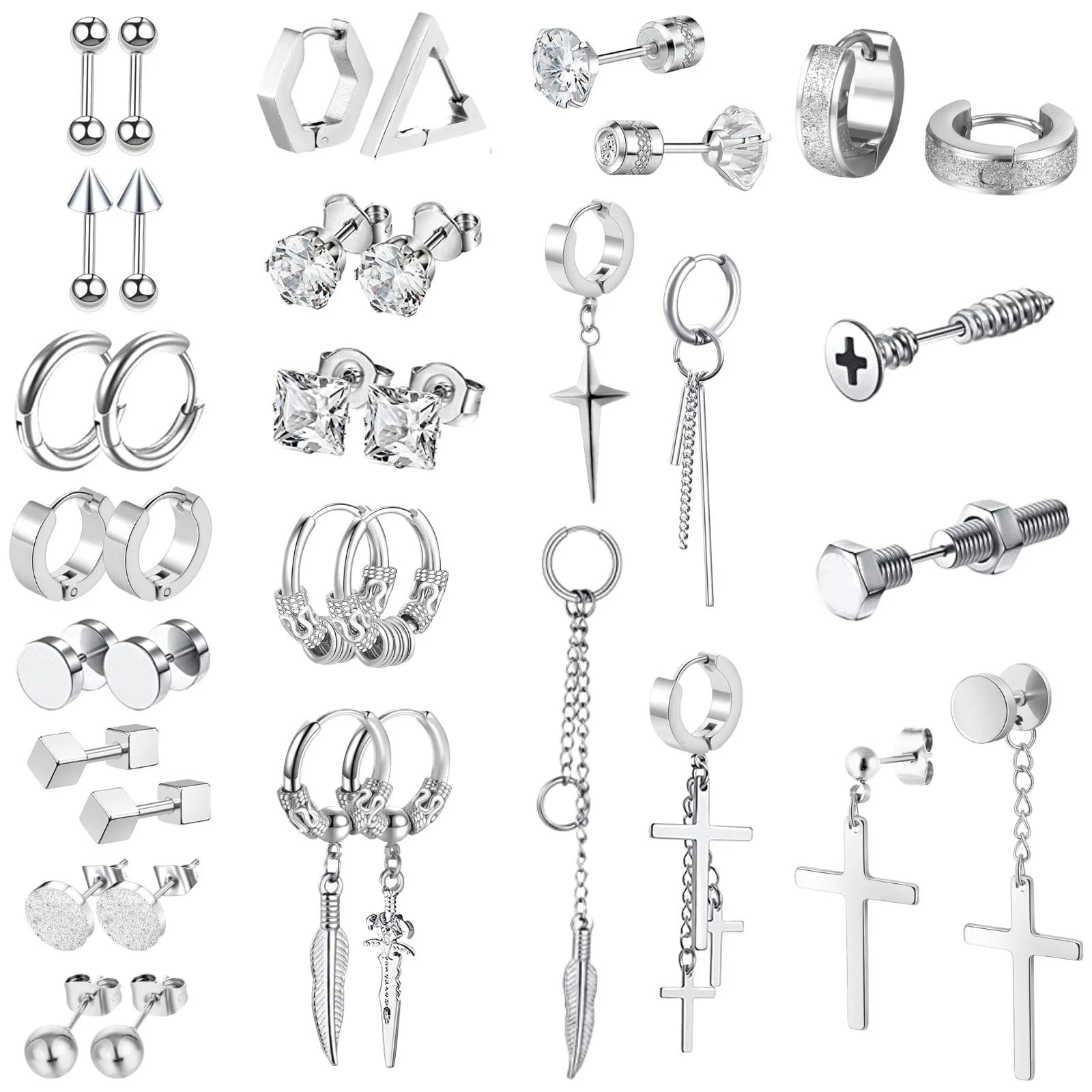 

38 Pieces Stainless Steel Dangling Earrings For Men Women Cross Earrings CZ Studs Feather Triangle Dangle Kpop Hoop Earrings Set