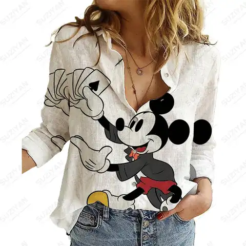 Fashion Long Sleeve Shirt Elegant Turn-Down Collar Blouse Women'S Shirts Casual Shirts Disney Mickey