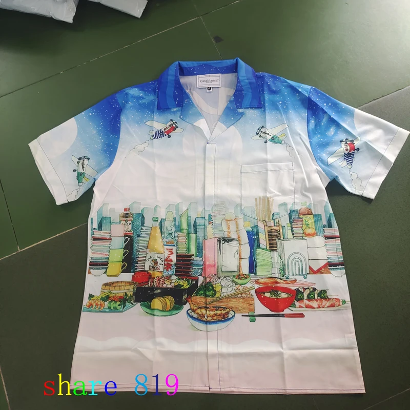 CAFE CASA Snowy Mountain Aircraft Cuisine Print Casablanca Short Set Men Women Hawaii Beach Holiday Short Sleeve Suitt