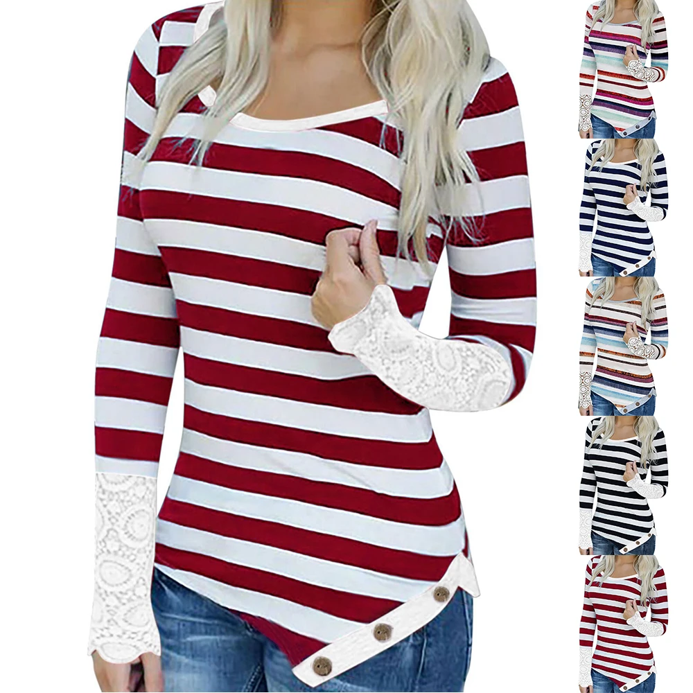 

Women Round Neck Long Sleeve Sweatshirt Lace Striped Stretch Fit T-Shirt Irregular Blouse Ladies Printed Pullover Tops Wear