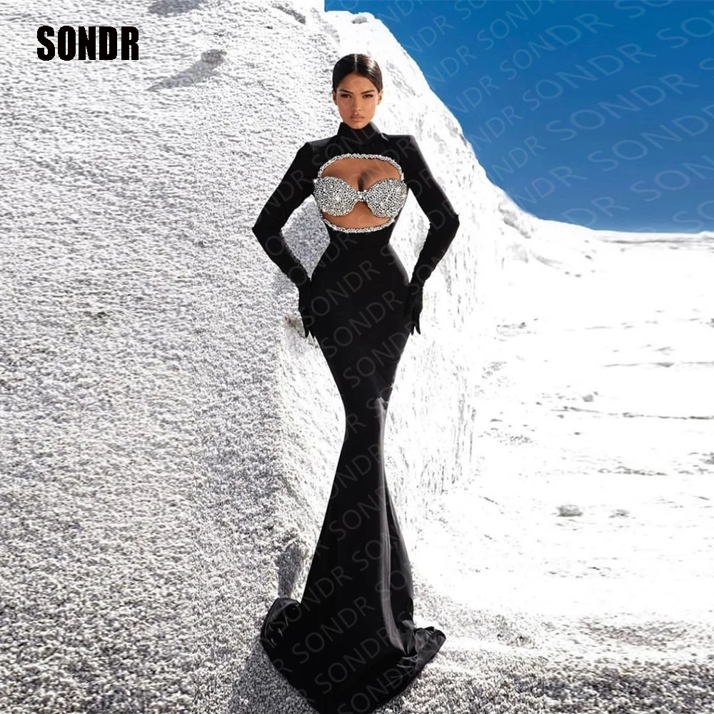 

Черные велюровые длинные официальные платья-русалки SONDR для выпускного вечера без перчаток велюровые блестящие вечерние Клубные платья с высоким воротником и блестками 2023