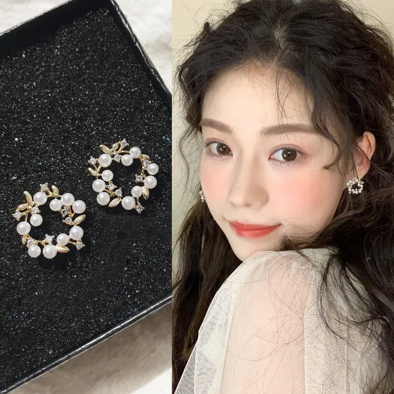 

Trendy Fairy Silver Stud Earrings for Women Girl Fashion Sweet Pearl Crystal Ring Korean Wedding Party Daily Life Jewelry