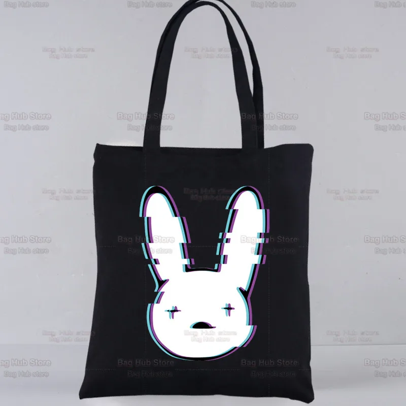 

Bad Bunny Custom Tote Bag Shopping Black Unisex Rapper Reggaeton Artist Travel Canvas Bags Eco Foldable Shopper Bag