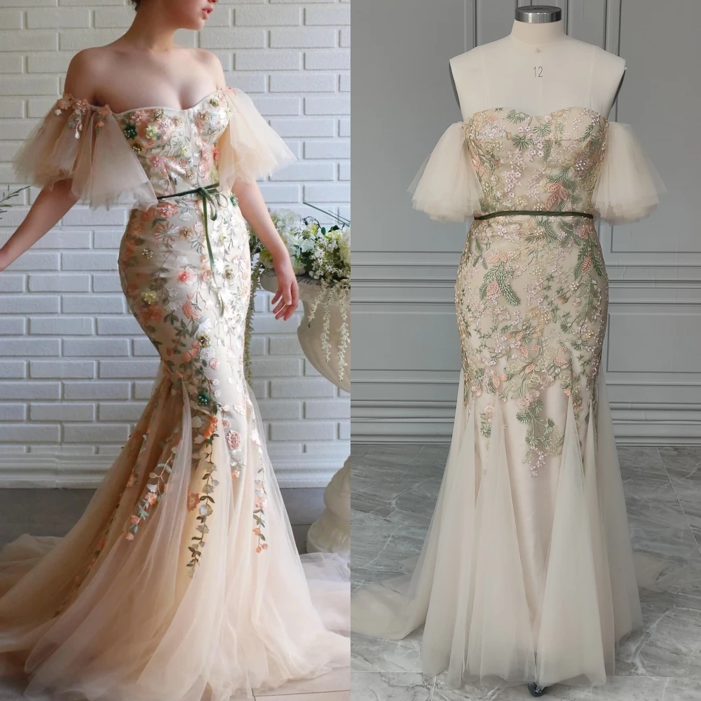

15205# Real Photos Off Shoulder Flowers Sweep Train Tulle Mermaid Wedding Gown Birthday Party Dress For Women Prom Evening Dress