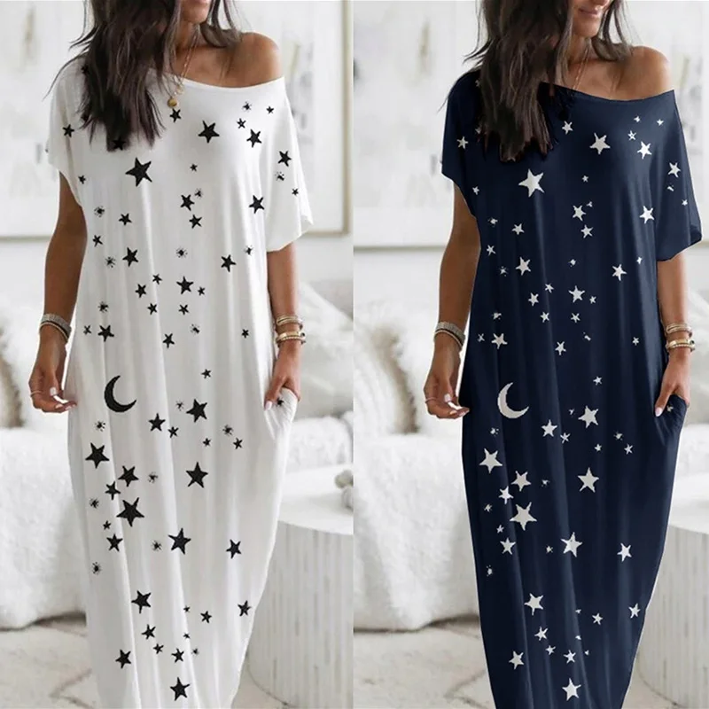 

Moon Star Print Jurk Vrouwen Off Shoulder O-hals Korte Mouw Casual Dress 2021 Zomer Vlinder Print Vrouwelijke Huis Homewear Jurk