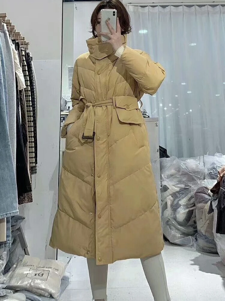 New 2023 Winter Fashion Duck Down Coat & Jacket for Women Stand Collar Turtleneck Long Parkas Yellow Cream Black Windbreaker XXL