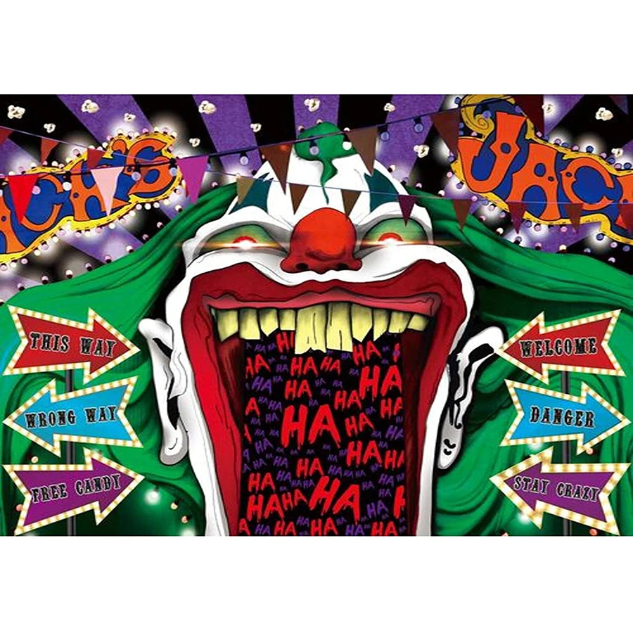 

Horror Circus Halloween Backdrop Giant Evil Joker Clown Entrance Popcorn Scary Kids Birthday Party Photography Background Banner