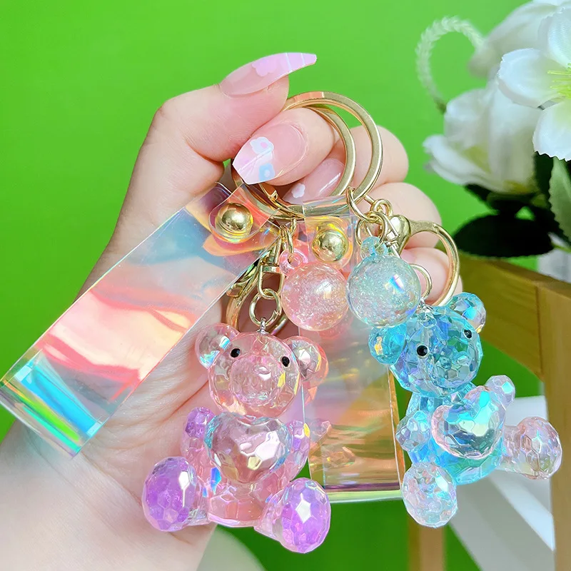 Creative Acrylic Colorful PU Keyring Cute Cartoon Crystal Heart Bear Keychain Car Bag Pendant Couples Gift Women Girl Jewelry