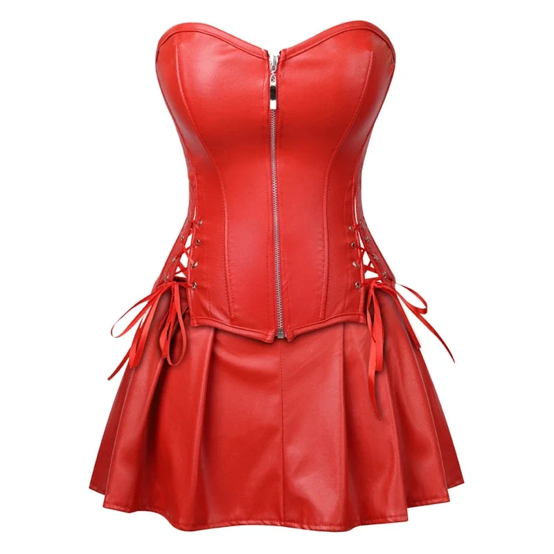 Gothic Faux Leather Corsets Dress Sexy Women's Overbust Corset Bustier Lingerie Top With Mini Skirt Set Party Burlesque Costume
