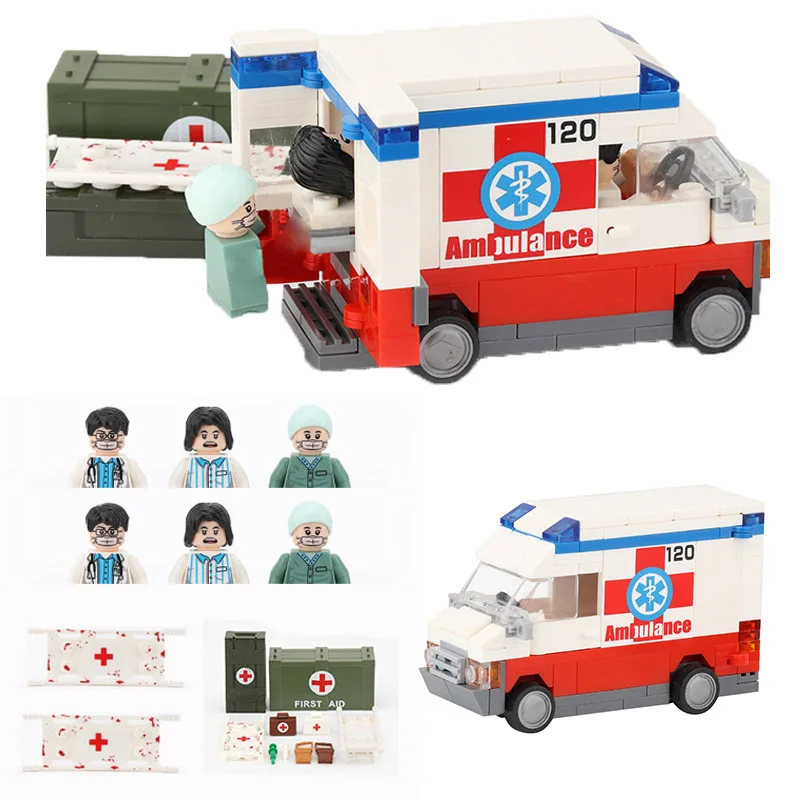 

MOC City Ambulance Car Vehicle Building Blocks Set Doctor Nurse Police Figures Medical Box Injector Bricks Kids Toys