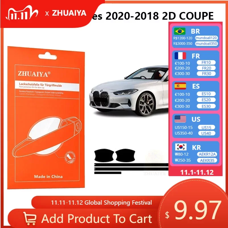 

Защитная пленка ZHUAIYA для красок дверной ручки, ТПУ PPF для BMW 4 серии 2020-2018 2D Купе, автомобильные аксессуары