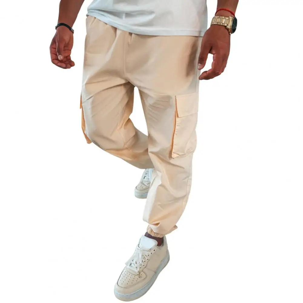 

Men Trousers Versatile Men's Cargo Pants Elastic Drawstring Waist Multi Pockets Soft Breathable Streetwear Trousers Men Casual
