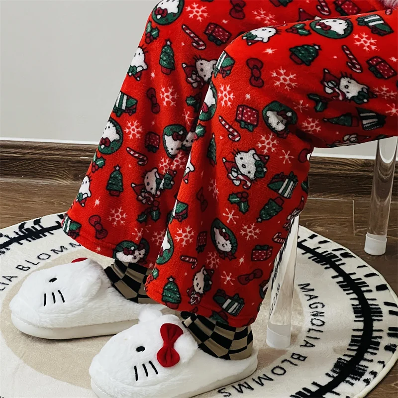 

Рождественские штаны KTCat, аниме Sanrios, пижамные штаны Hello Kitty, зимние теплые домашние повседневные штаны, флисовые Пижамные брюки на Хэллоуин