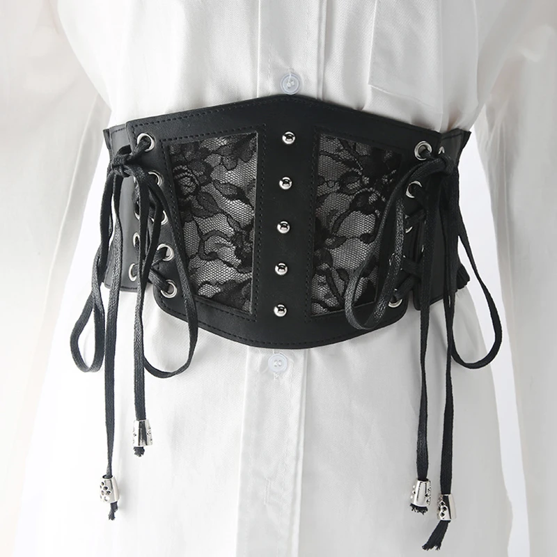 

Women Corset Black Sexy Lace Girdle Lace Up PU Leather Cummerbunds Dress Girdle Elastic Waistband Sexy Body Slimming Wide Belt