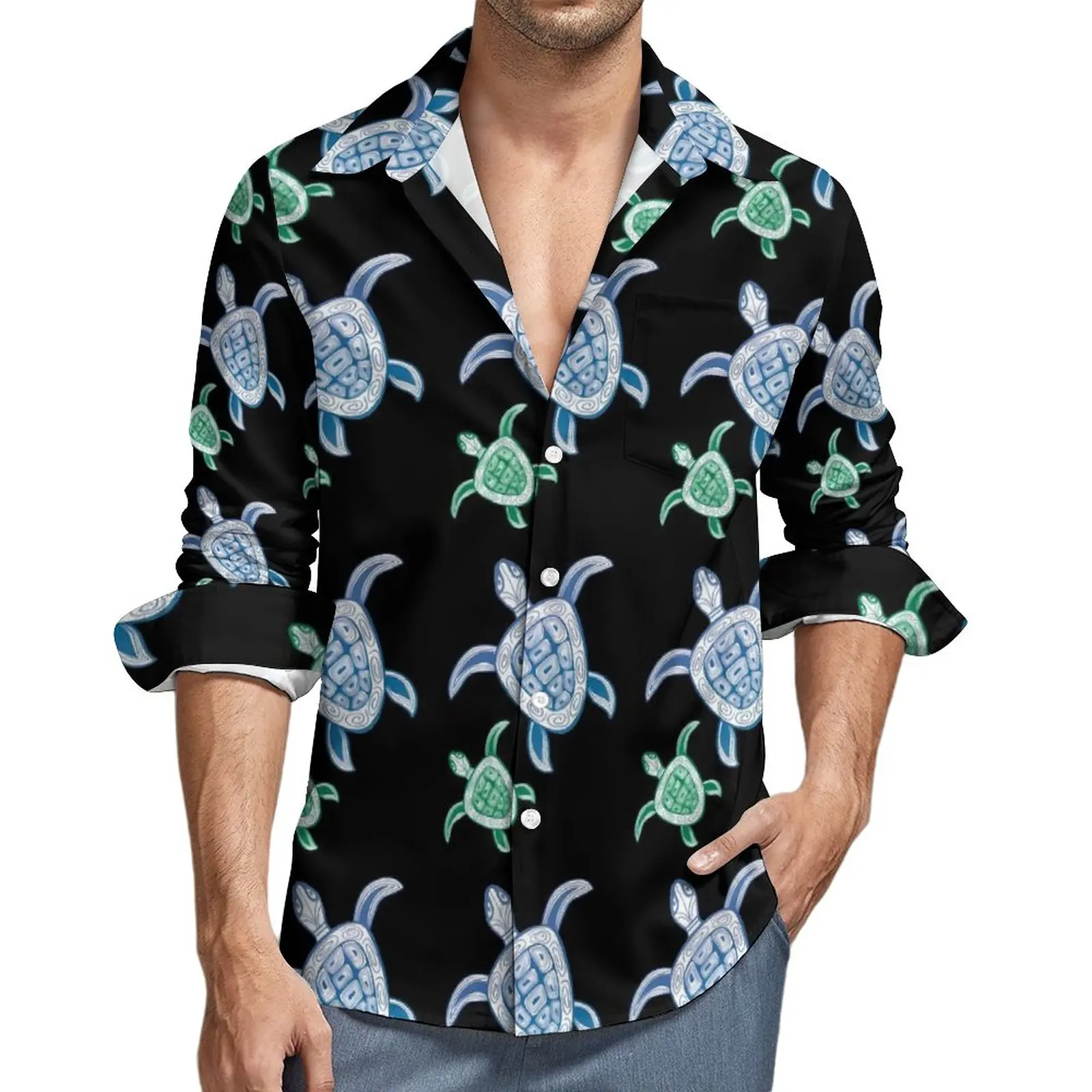 

Hawaii Turtles Casual Shirts Man Cute Animal Shirt Long Sleeve Loose Y2K Blouses Autumn Custom Clothing 3XL 4XL