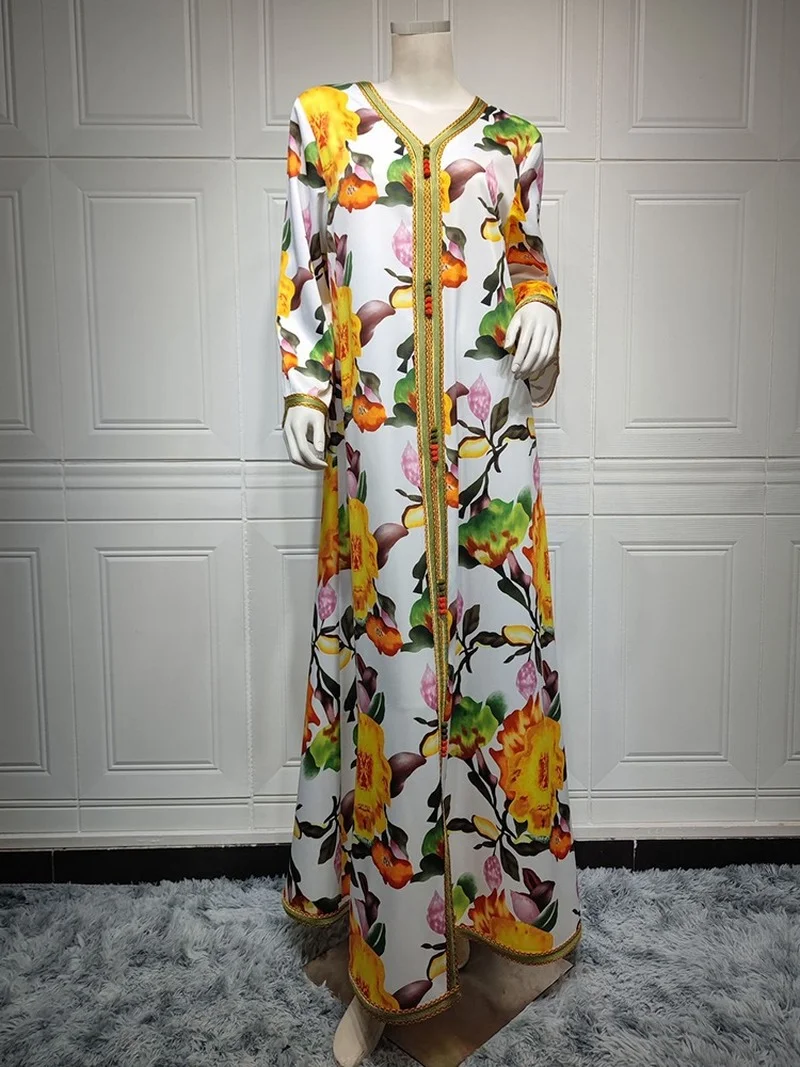 

Женское Цветочное платье макси, белое свободное платье с V-образным вырезом и длинным рукавом, в мусульманском стиле, с отделкой ИД-лентой, в арабском стиле, Оман, Дубай, Марокко, Jalabiya, 2022