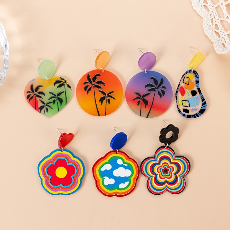 

1Pair Hawaii Stud Earring Creative Acrylic Coconut Tree Flower Crafts Fashion Jewelry For Children And Women Gift