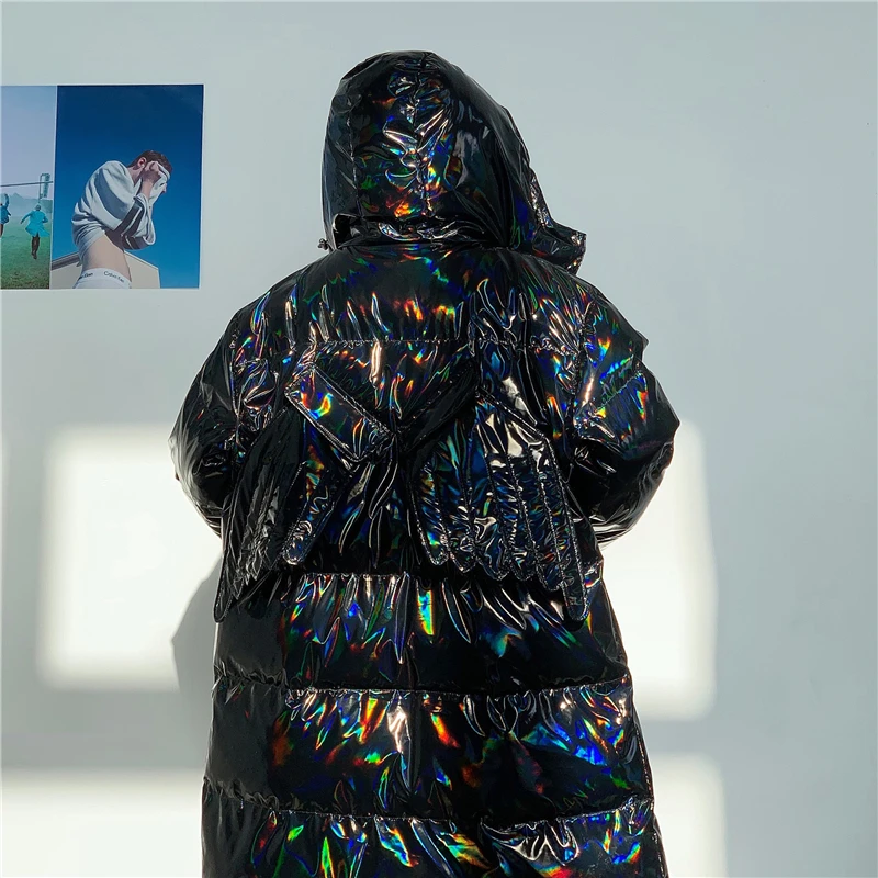 Bright Reflective Long Puffer Jacket for Men Winter Fashion Trends Teen Warm Clothing Removable Wings on Hip Hop Coat Streetwear