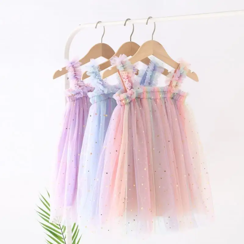 

Радужное платье для маленьких девочек, праздничное платье принцессы на первый день рождения, одежда для маленьких девочек, Летнее бальное платье из тюля на подтяжках с блестками