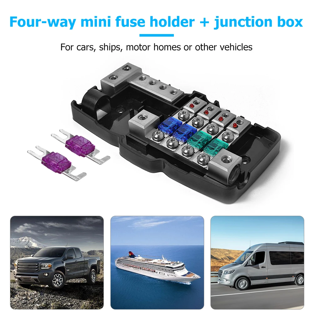 

Multi-functional LED Car Audio Stereo ANL Fuse Holder Distribution 0/4ga 4 Way Fuses Box Block 30A 60A 100A