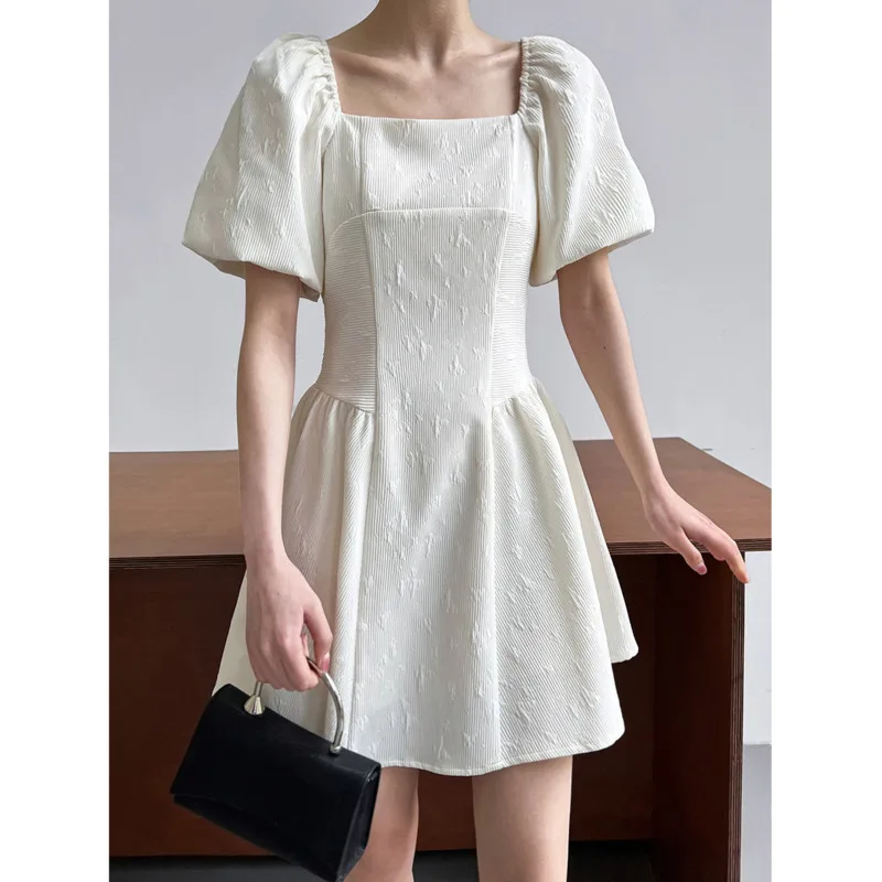 

Женское мини-платье с высокой талией, облегающее Плиссированное Платье трапециевидного силуэта с квадратным вырезом и пышными рукавами, весна-лето