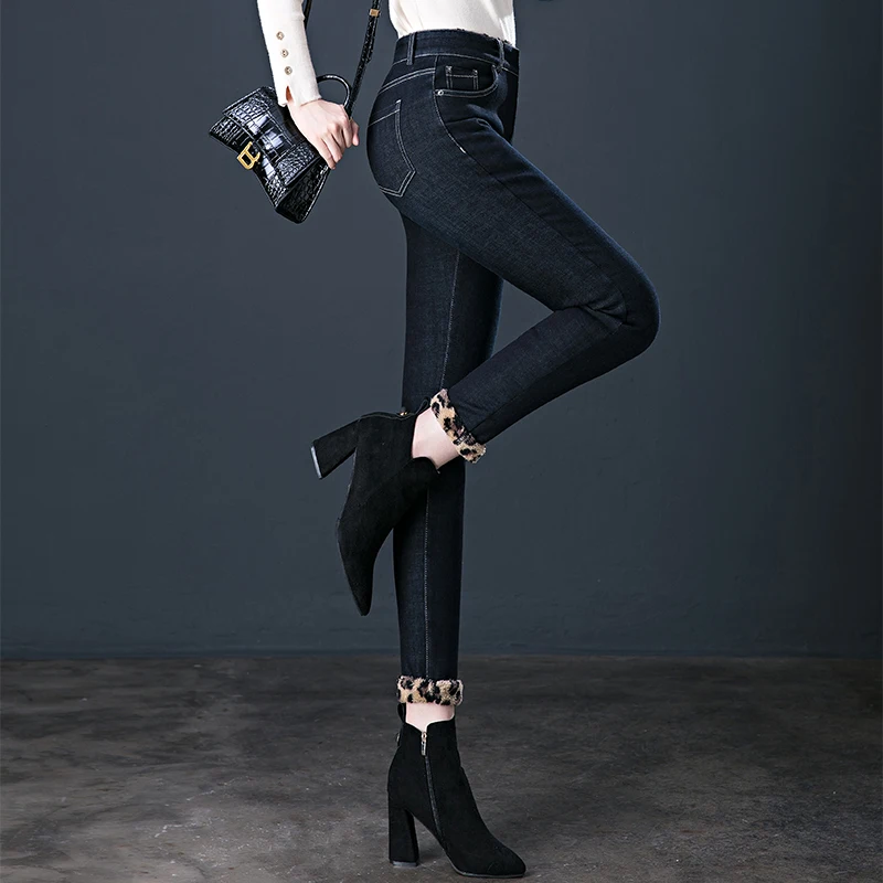 

Women High-waist Thickened Fleece Lining Jeans Hip-lifting Elastic Winter Warm Skinny Jeans Leggings Super Stretchy Jeans
