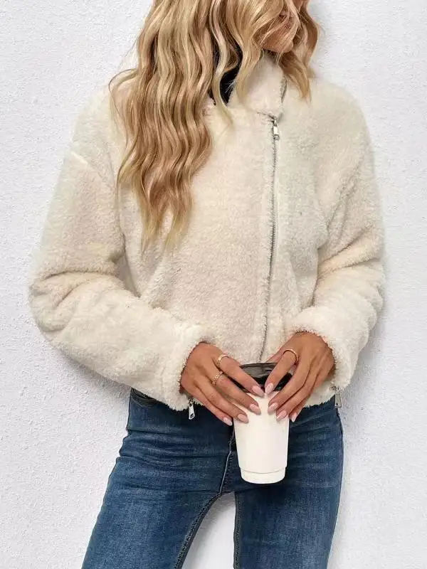 Women Faux Fur Coat Autumn Winter Fashion Casual Zipper Short Jacket Turndown Collar Female Fleece Plush Outerwear