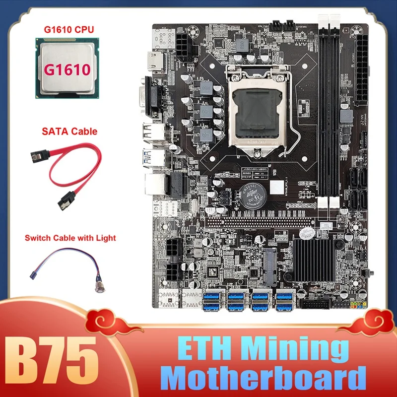 

Материнская плата B75 ETH для майнинга 8XUSB3.0 + G1610 ЦП + кабель переключения светильник кой + кабель SATA LGA1155 B75 USB материнская плата для майнинга BTC