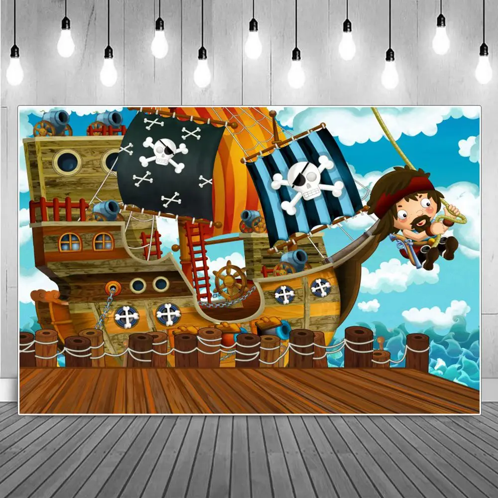 

Pirate Ship Birthday Decoration Photography Backdrops Treat Children Adventure Party Photographic Backgrounds Portrait Props