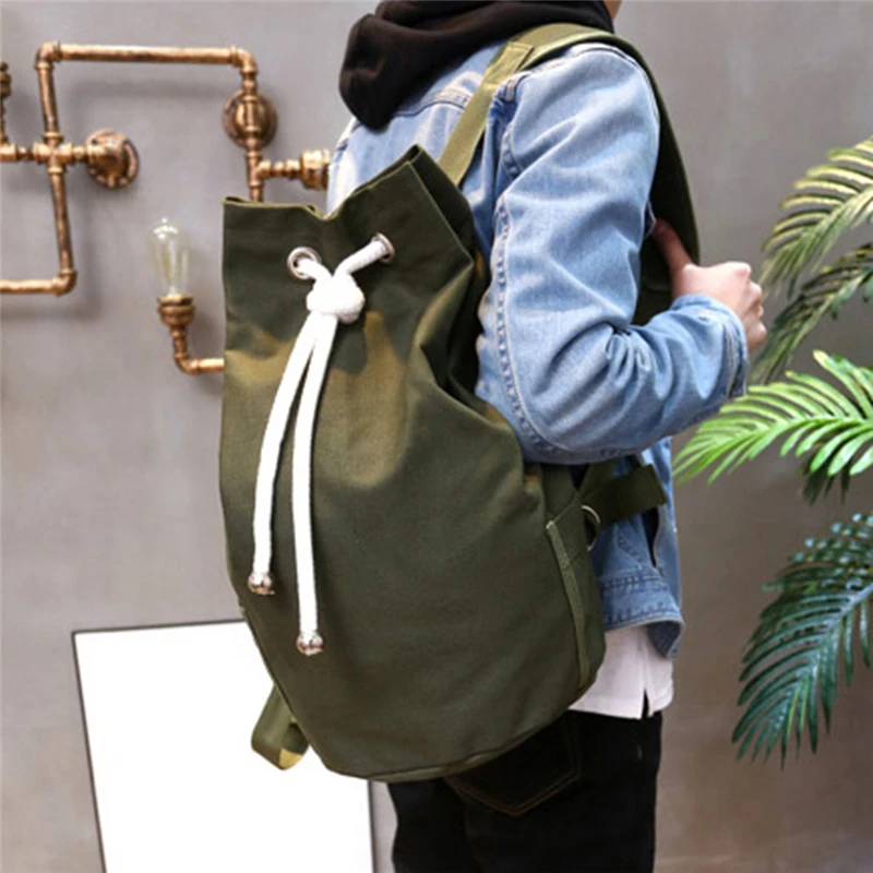 

Casual Men Canvas Large Capacity Barrel Backpack Simple Travel Rucksack Army Green Back Pack Teenager School Backpack