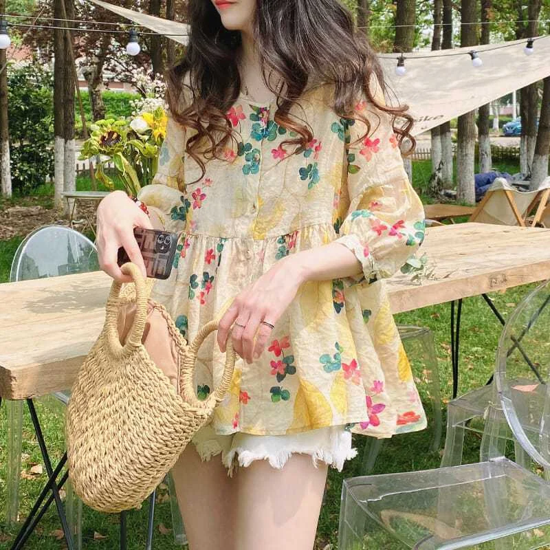 

Floral Dress Women's Summer 2023 New Loose and Thin Western Style Sweet Mid-length Three-quarter-sleeve Mid-sleeve Shirt