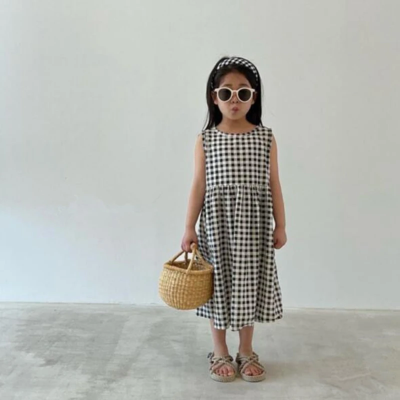 

Клетчатое платье принцессы из хлопка и льна для маленьких девочек, садовое платье-трапеция без рукавов, повседневное милое летнее платье, ...