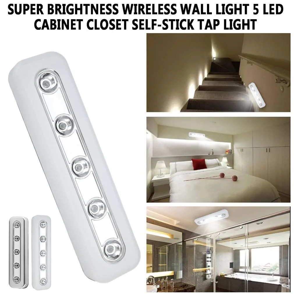 

Super Bright Wireless Wall Light 5 LED Cabinet Closet Self-Stick Tap Light Home Night Emergency Touch Light Lamp Portable