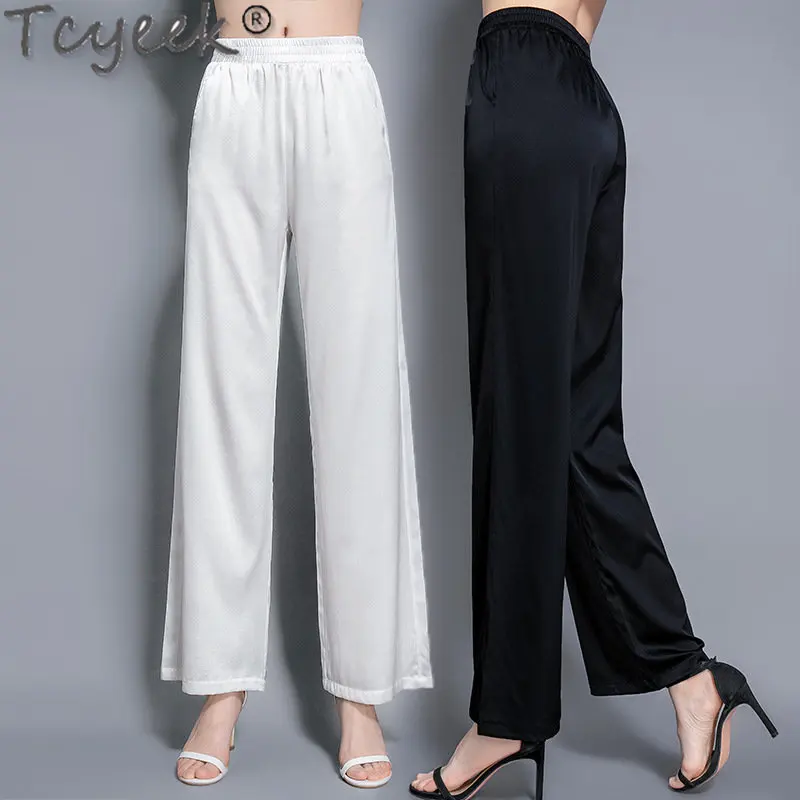 Tcyeek Summer Women's 100% Silk Pants Korean Fashion Pants for Women Clothing Elastic Waist Straight Trousers Pantalon Femme LM