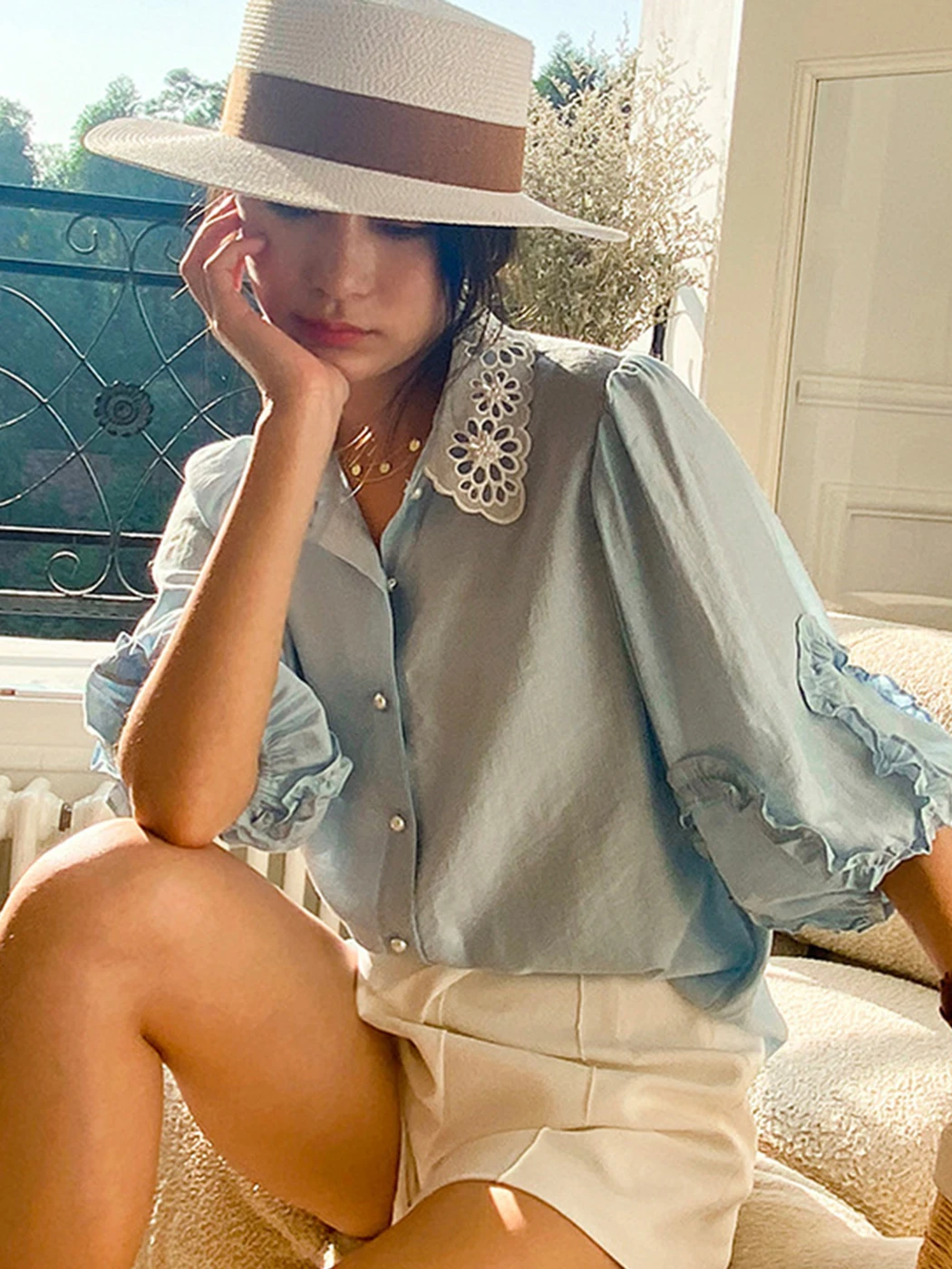 

Jastie 2022 Elegant Solid Shirt Blouses Women Cotton Chic Neck Lantern Sleeve Loose Cardigan Top Office Women's Shirts Tops