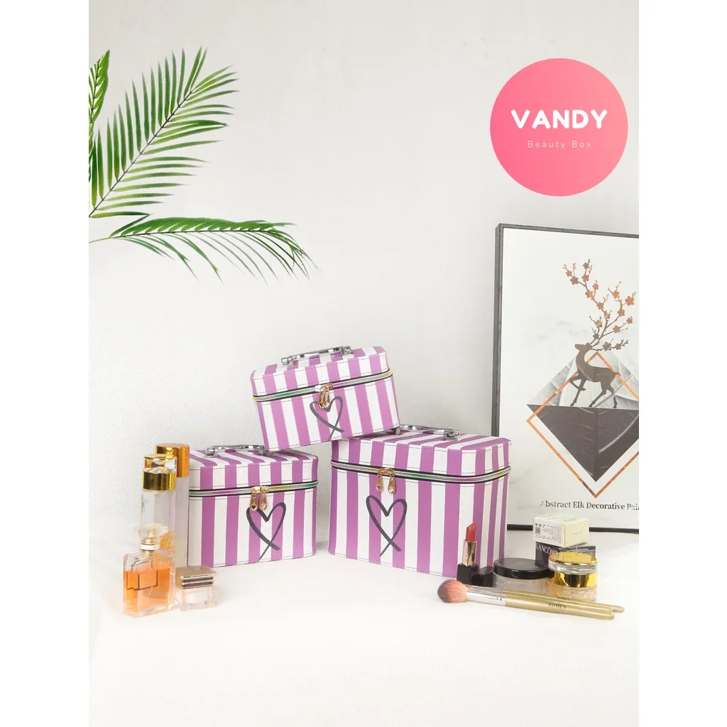 

Vandy 2022 Purple White Striped Cosmetic Bag Case Bag for Women Girls Makeup Organizer Essential for Home Travel Storage Box