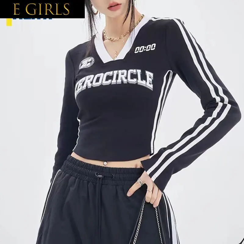 

Футболка для девочек y2k, топ, футболки, черный кроп-Топ с длинным рукавом в американском стиле, дизайнерская футболка с гоночными машинами, облегающая женская одежда