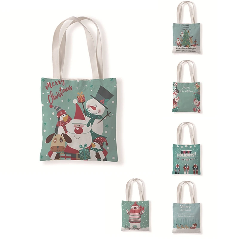 

Reusable Christmas Canvas Shoulder Bag Santa Claus Snowman Xmas Hand Bag Foldable Casual Canvas Tote Gift Bag