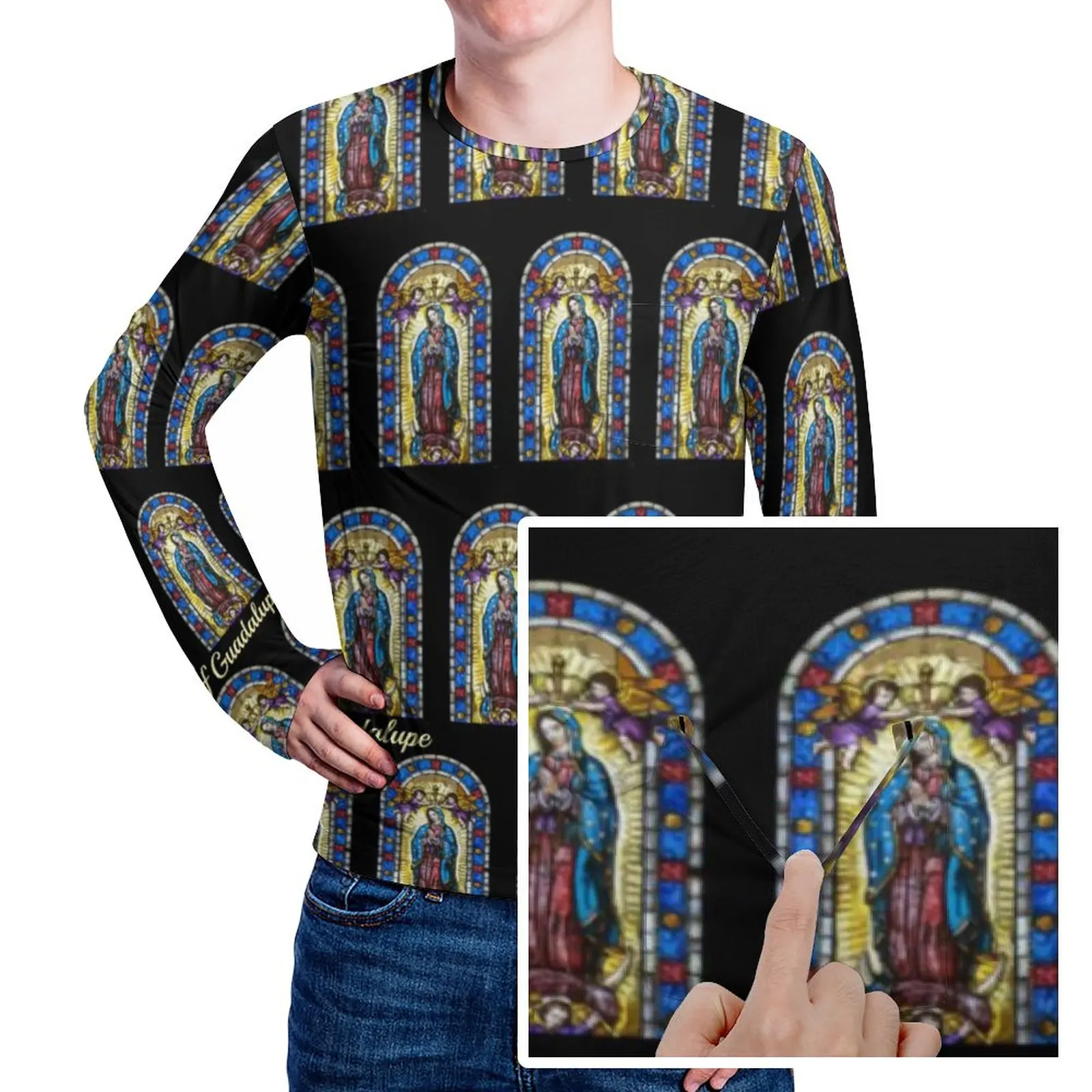 

Винтажные Футболки с карманами Our Lady of футболка с изображением Гваделупе Virgin Mary, топы с длинным рукавом и графическим рисунком, уличная одежда, топы большого размера, футболки