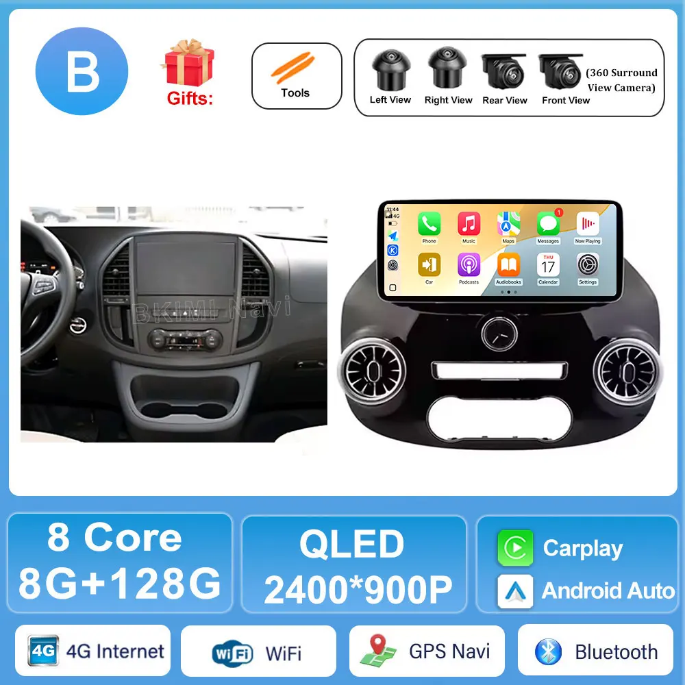 

QLED 2400*900P Android 14 для Mercedes Vito W447 2014-2022 Автомобильный радиоприемник 12,3 дюйма 4G BT Стерео Мультимедийный плеер GPS-навигация WIFI