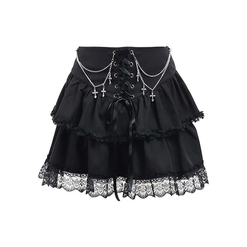 

Women Goth High Waist Lace-Up Mini Pleated Skirt Harajuku Cross Metal Chain Lace Trim Tiered Ruffle A-Line Streetwear