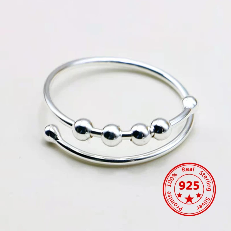 2022 New 925 Sterling Silver Fidget Beads Anxiety Spinner Ring For Women Men Relieving Stress Adjustabl Rings Fashion Jewelry