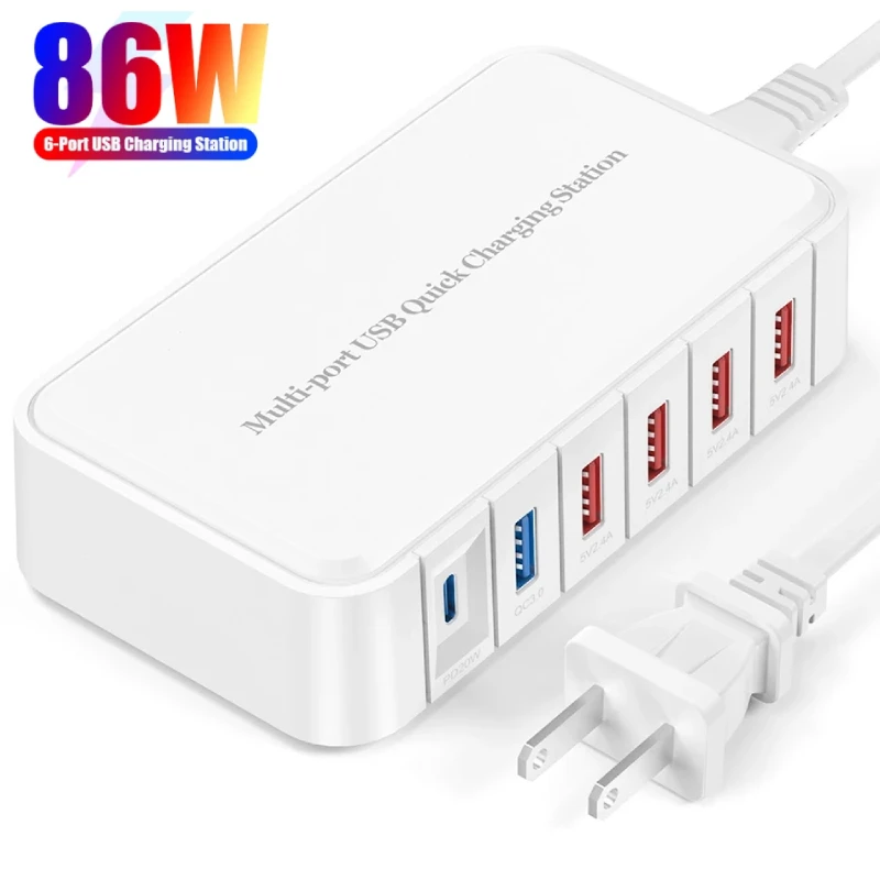 

86W USB Fast Charging Station 5 USB QC3.0 Ports and PD 20W Charging Station for iPhone 15 14 13 iPad Samsung Tablets Smartphones