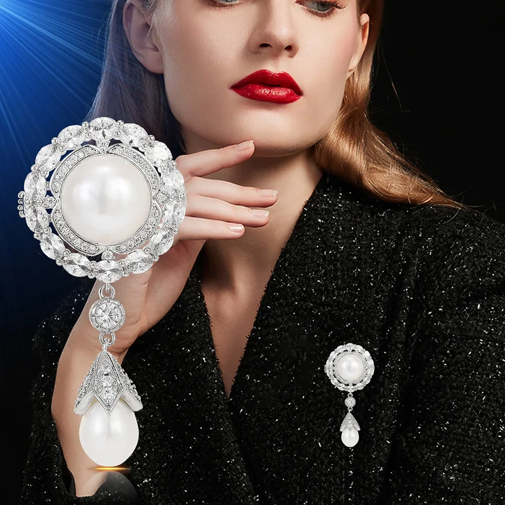 

New Baroque Rhinestone Brooch For Women Retro Metal Cross Pearl Temperament Coat Collar Pin Corsage Party Jewelry Accessories